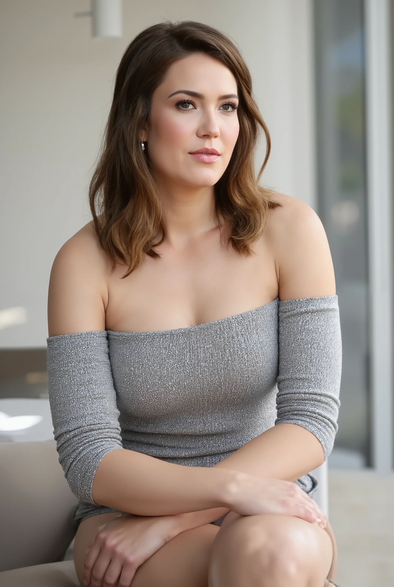 Hayley Atwell, muscular body, tight grey dress, long wavy hair, cleavage