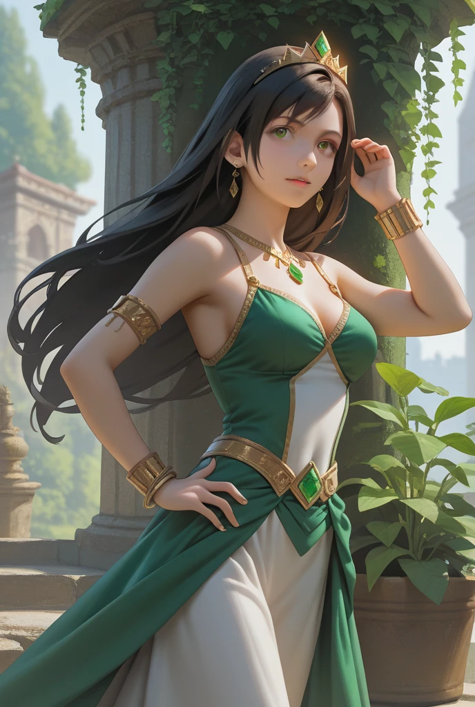 Nala: [1], is a young woman with dark hair and piercing blue eyes. She wears a green dress and a silver bracelet. She has a small scar on her cheek. [2] She has a confident expression, with a hint of mischief in her eyes.