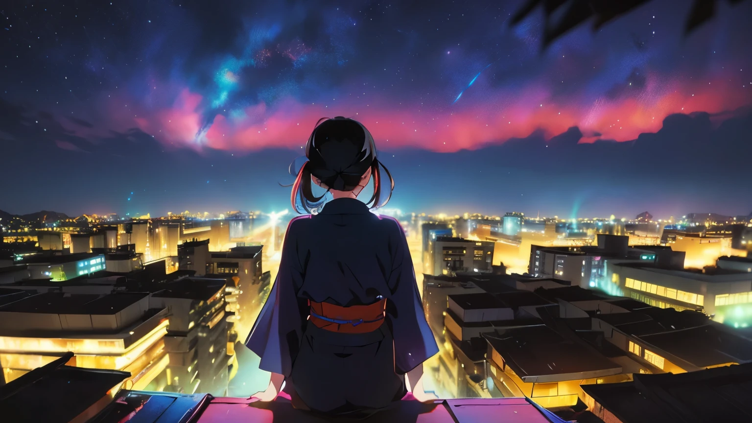 A girl with short, night-black hair sits with her back to the camera on a rooftop, gazing at a brightly lit, detailed city under a star-filled night sky. She wears soft, traditional Japanese clothing that flows gently with the wind. The cityscape is vibrant and intricate, full of glowing lights and depth, while the sky sparkles with vivid stars and cosmic detail. The atmosphere is calm, dreamy, and contemplative. Anime style, high detail, cinematic lighting, serene composition.
