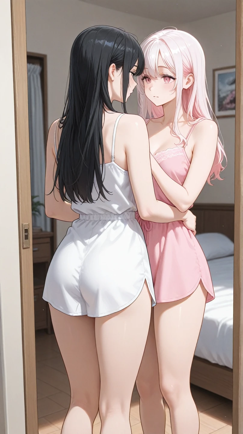 ((masterpiece)), (Highest quality), (Simple style), Grey-pink hair, hyper long hair, tall, naked, sports bra, shorts, two girls, lesbian sex