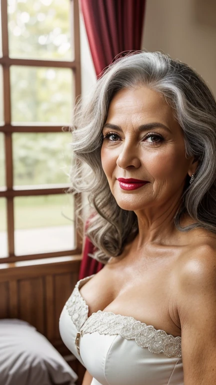 Older Elderly 6 Canadian Vixen Lady, wavy hairstyle, Big Cleavage, Cute Top detailed mini dress Outfit, Sitting Inside Storeroom Under her Mansion Estate, Casual Jewelry and Bracelets, Shadow Play, RAW Photo Realistic, In the style of FujiFilm X-T5 and Leica Q3 lens