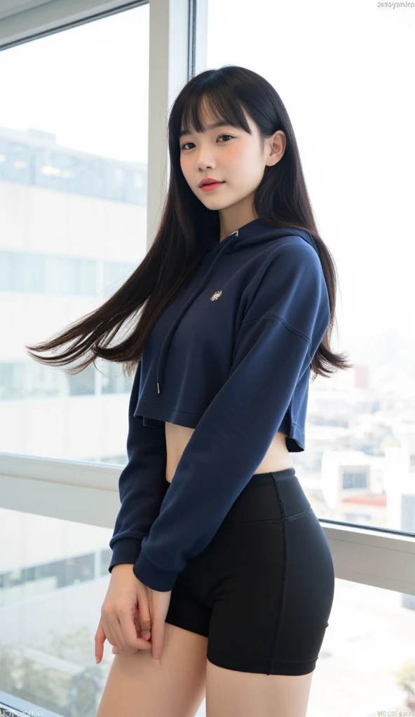 Fujifilm XT3, 8k, masterpiece, best quality, (((1girl))), solo, realistic, ((looking at viewer)), photorealistic, (extremely detailed face), looking at viewer, ((ultra-detailed eyes and pupils)), ultra detailed, serious expression, cropped top, ((standing against a city skyline at night)), (rooftop), sweatshirt crop top, abs, ((navel)), smile, <lora:hyejulorashy:1>