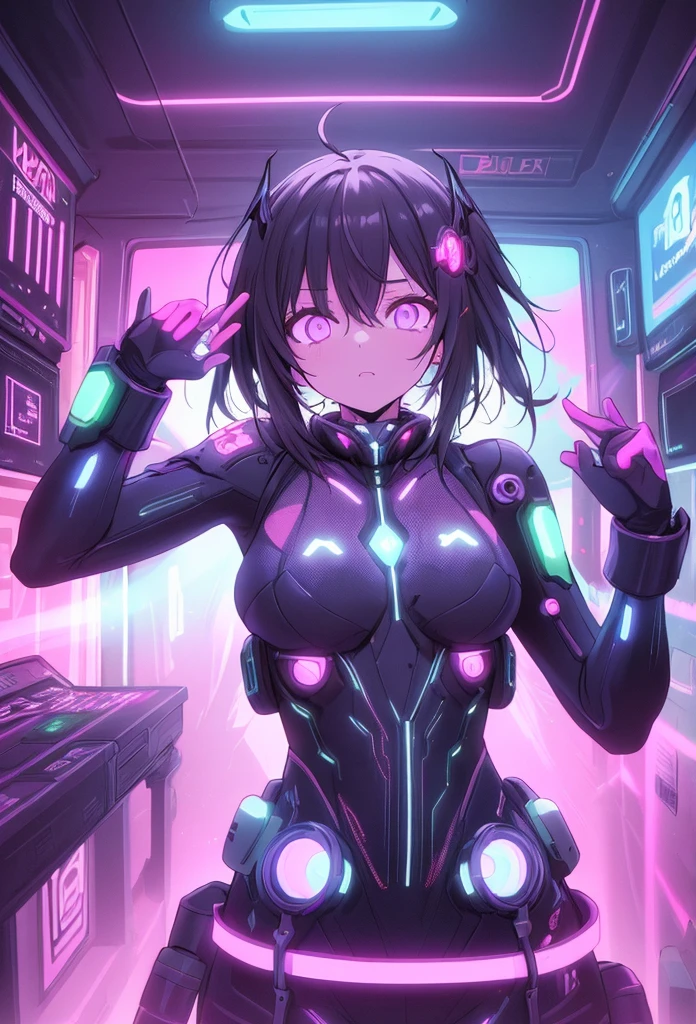 Anime girl sitting in a pilot seat wearing a virtual reality headset covering her eyes on her face with machinery and tubes and wires going inside her head and brain, (Best quality,highres:1.2), ultra-detailed, (realistic:1.3), cyberpunk, futuristic, portrait, shiny revealing latex outfit, cyber implants, virtual reality, drooling face, cables plugging into brain, shirt collar, bowtie, formal clothing, open mouth smile, facing viewer, girl is vibrating, glowing virtual reality headset, relaxed expression, blushing, cyber future formal wear, cyberpunk, futuristic, brain drain, cyber implants, virtual reality, drooling face, virtual reality headset covering eyes, school uniform, big collar, high collar, open mouth smile, pleasured face expression, skin tight clothing, big shirt collar, big bowtie, biggest breasts in the world