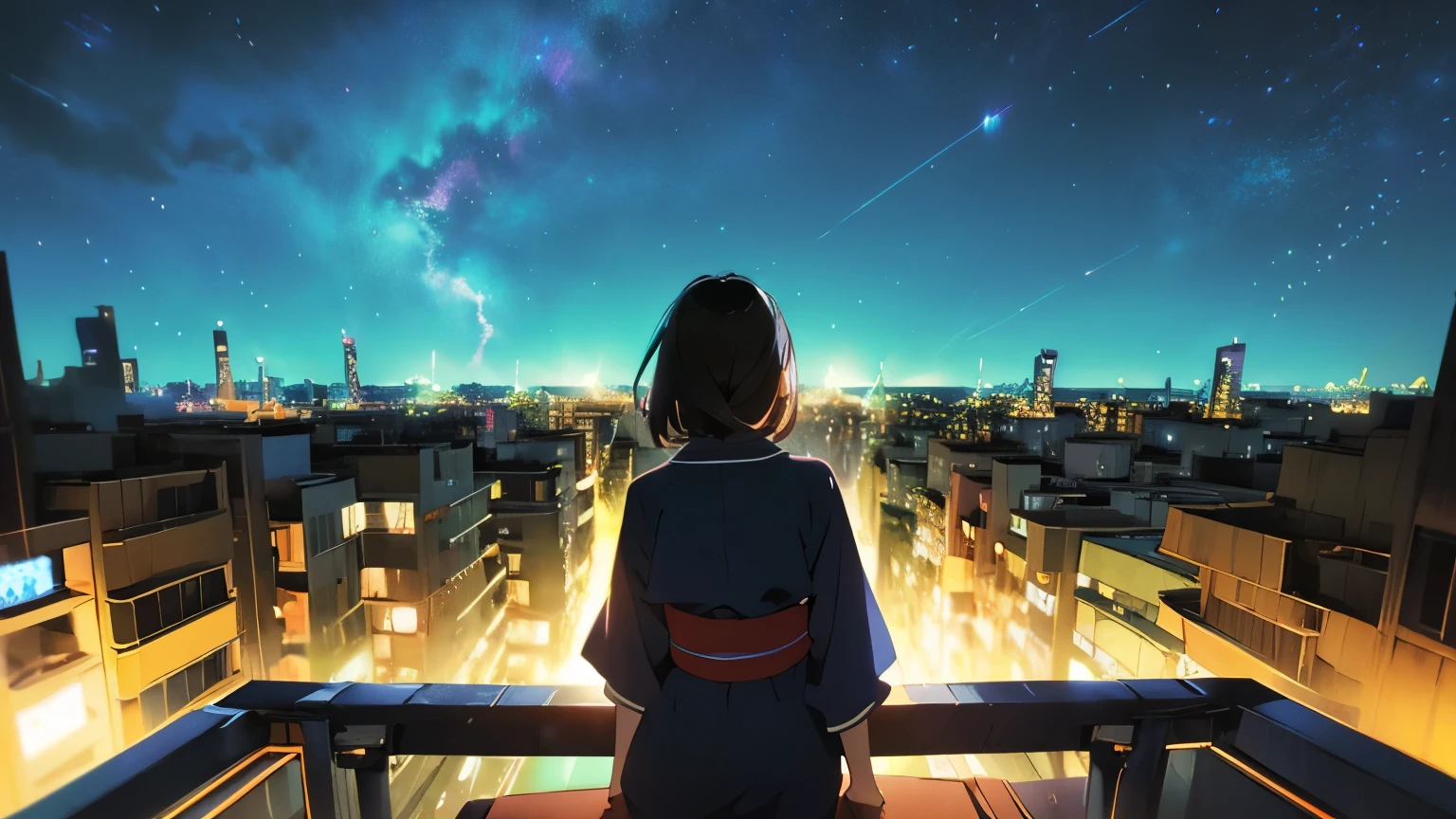 A girl with short, loose night-black hair sits with her back to the camera on a rooftop, gazing at a brightly lit, detailed city under a star-filled night sky. Her hair is free and slightly tousled by the wind. She wears soft, traditional Japanese clothing that flows gently. The cityscape is vibrant and intricate, full of glowing lights and depth, while the sky sparkles with vivid stars and cosmic detail. The atmosphere is calm, dreamy, and contemplative. Anime style, high detail, cinematic lighting, serene composition.