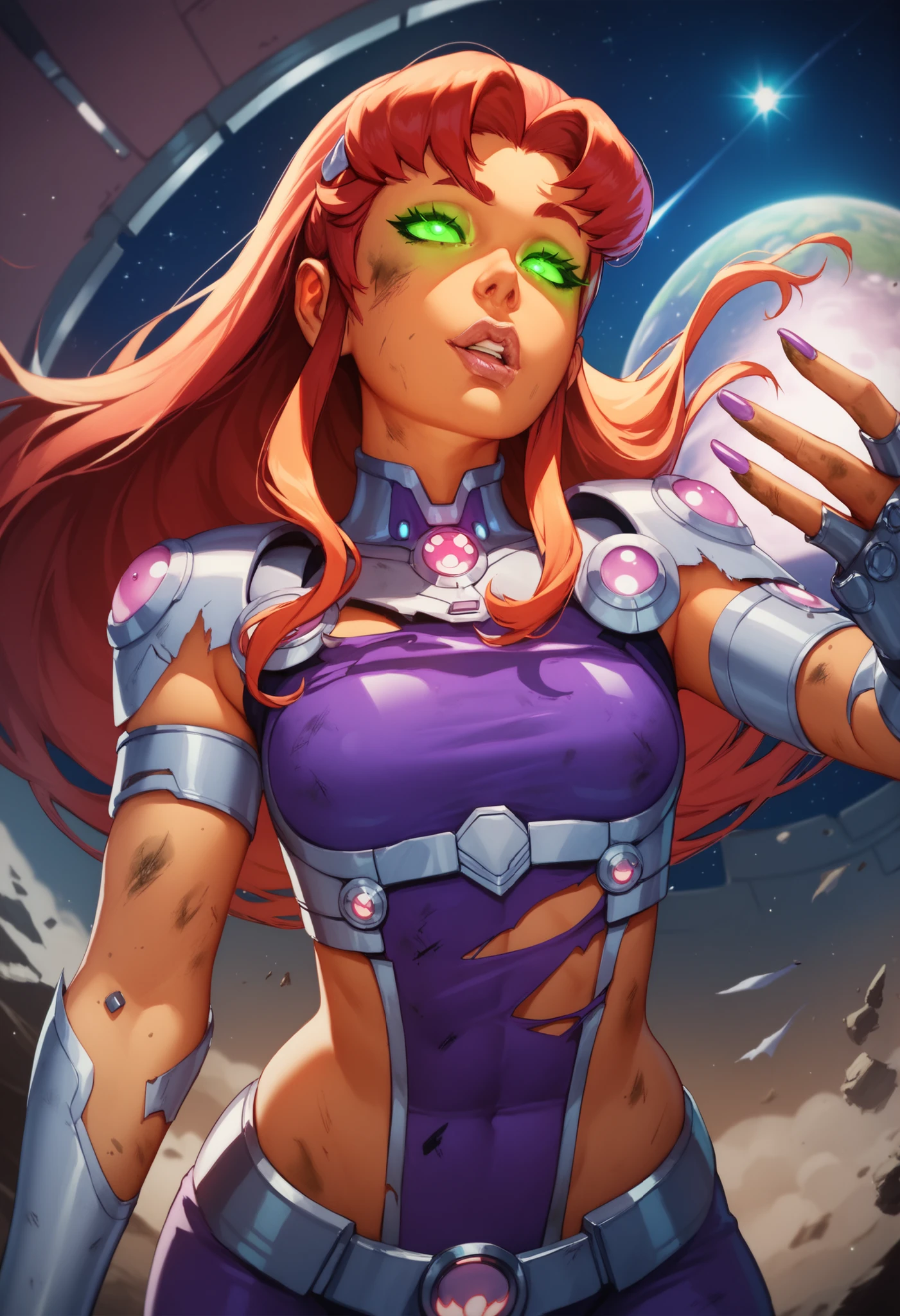 Starfire, tanned, futuristic armor, ripped clothes, dirty, glowing eyes, lips, night, space, sexy