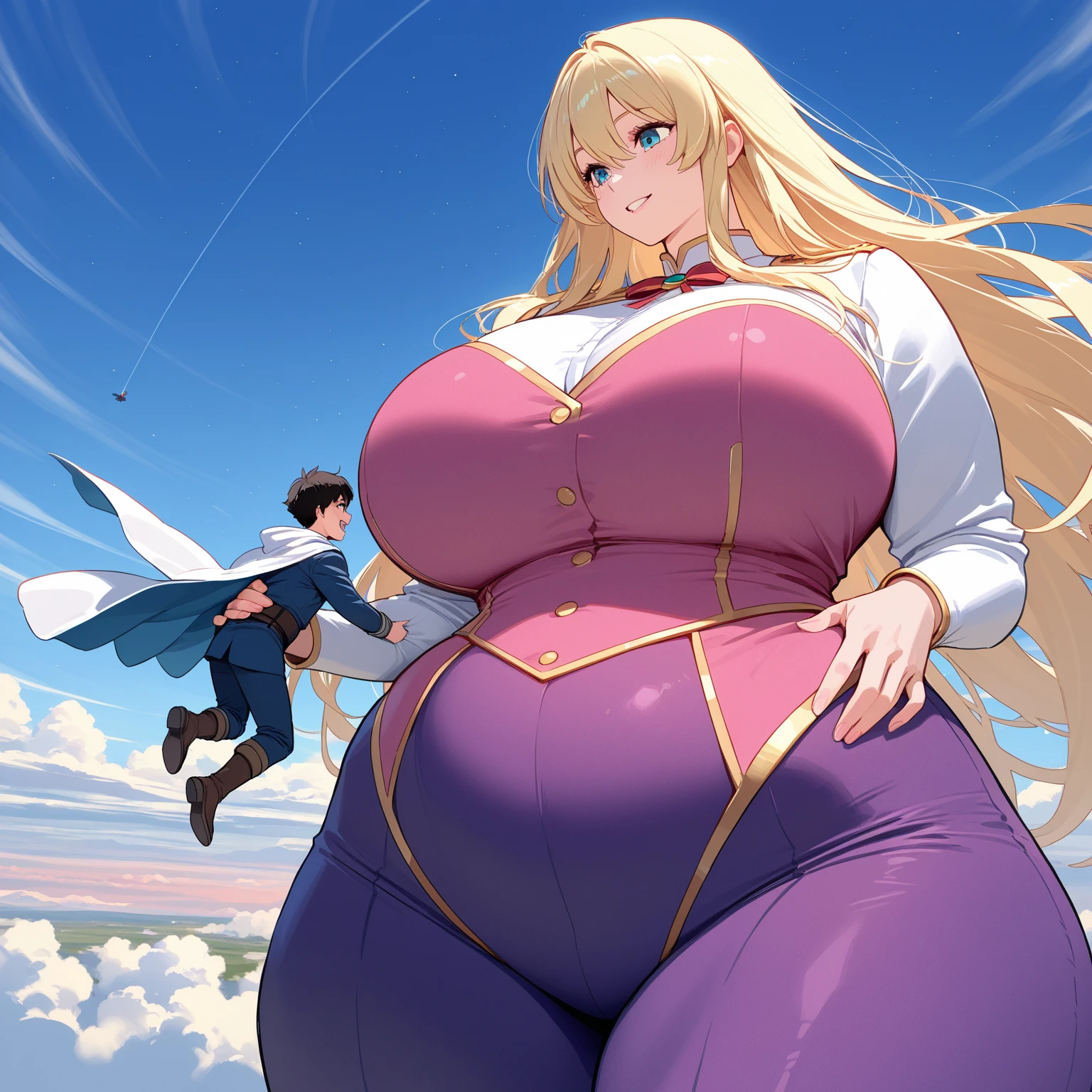 (a miniature woman in front of a tall woman: 1.2), (closeup giantess breasts and face: 1.2), (large breasts: 1.1), long hair, long bangs, cleavage, (from below: 1.2), (inside idol tryouts room: 1.2), (2girls: 1.6), (height difference: 1.6), (size difference: 1.2), (a giant woman towering over a miniature woman: 1.2), (dominating her: 1.1), (side view), (idol outfit: 1.2), (bright colorful multicolored idols: 1.2), (giantess looking down at a miniature woman: 1.2), (blushing: 1.1), (:D), happy, scared miniature woman, shocked