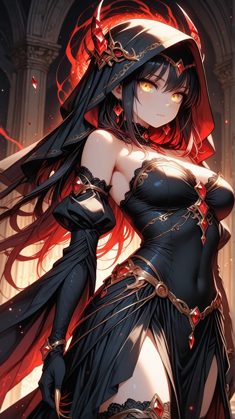 Masterpiece, Superb Fashion, (Fashion Costume), (Illustration), (tall), (strong), A-cup, tomboy, broad shoulders, (1boy), Handsome adult manish woman, red eyes, (Russian Mill Style), Fashion, black Hair, (Long Hair), (Messy Hair), (White Skin), (Dark Circles), Handsome, Dance Steps, Trend, Dark Gray,, Close Up, (Grand Background), (Chiaroscuro)), Fine Face Details, Facial Details, Cinematic Lighting, (Depth of Field), UHD, (Upper Body), Black Background