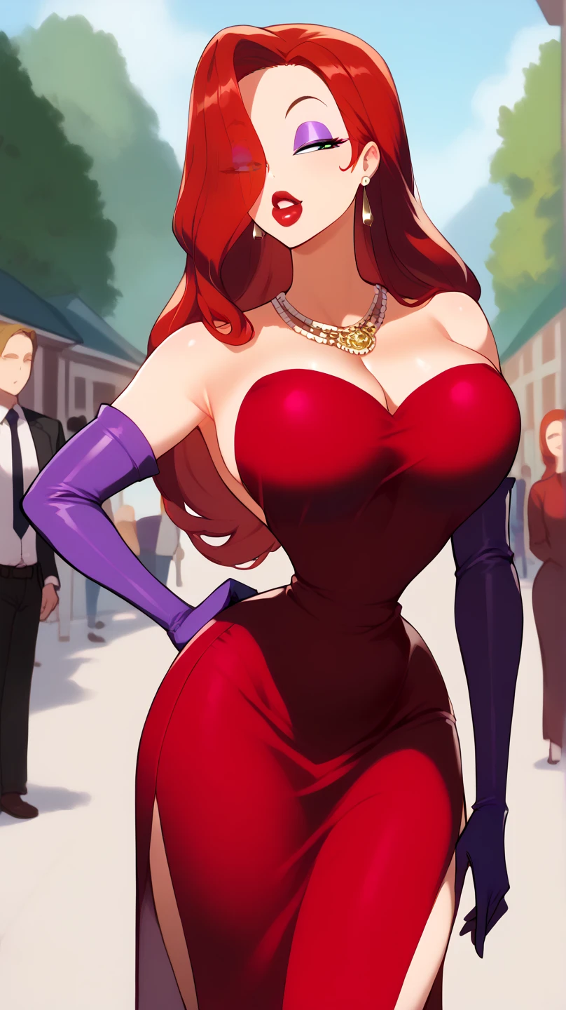 Arch back, mouth open, (bloated belly:1.0) pregnantCARTOON_jessica_rabbit_aiwaifu,aiwaifu,
 hair over one eye,red hair,narrow waist,very long hair, big hair, tall female, toned,makeup,lipstick,large breasts,eyeshadow,green eyes,thighs,huge breasts,red lips,lips,curvy,thick thighs,wide hips,collarbone,long legs, one eye covered, 
elbow gloves,purple gloves,dress,bare shoulders,cleavage,red dress,strapless,strapless dress,side slit,jewelry,earrings,long dress,cocktail dress,pantyhose,thighhighs,
official art,extremely detailed CG unity 8k wallpaper, perfect lighting,Colorful, Bright_Front_face_Lighting,shiny skin, (masterpiece:1.0),(best_quality:1.0), ultra high res,4K,ultra-detailed, photography, 8K, HDR, highres, (absurdres:1.2), Kodak portra 400, film grain, blurry background, (bokeh:1.2), lens flare, (vibrant_color:1.2),professional photograph, (beautiful_face:1.5),
