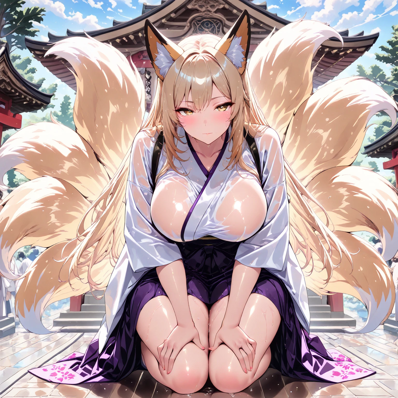 (best quality,4k,8k,highres,masterpiece:1.2),ultra-detailed,(realistic,photorealistic,photo-realistic:1.37),portraits,pastel colors,soft lighting,fantasy atmosphere,girl with fox ears and tail,peaceful garden setting,golden sunset,flowing cherry blossom trees,pagoda in the background,serene expression,traditional Japanese clothing,kawaii style,subtle makeup,divine aura,spiritual charm,gleaming fox mask,captivating gaze,delicate floral patterns,serene peacefulness,pure innocence,ethereal beauty,harmonious blend of nature and culture,gentle breeze rustling through the leaves,whisper of enchantment,symbol of tranquility]