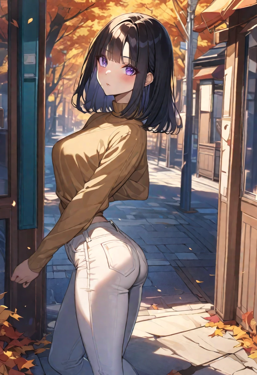masterpiece, best quality, highres, 1girl, solo, bangs, blush, light makeup, (glossy lips), highly detailed, illustration, aichan, blue eyes, short brown hair, side braid, standing, city street, (view from behind), ass view, , (very short microskirt), lace panties, thigh highs