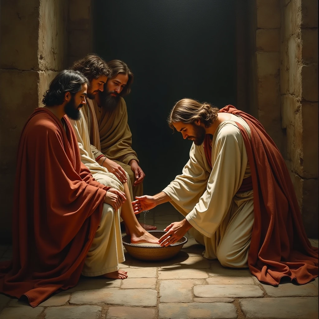"Jesus Christ washes His disciples' feet in a house during the Last Supper, symbolizing service."