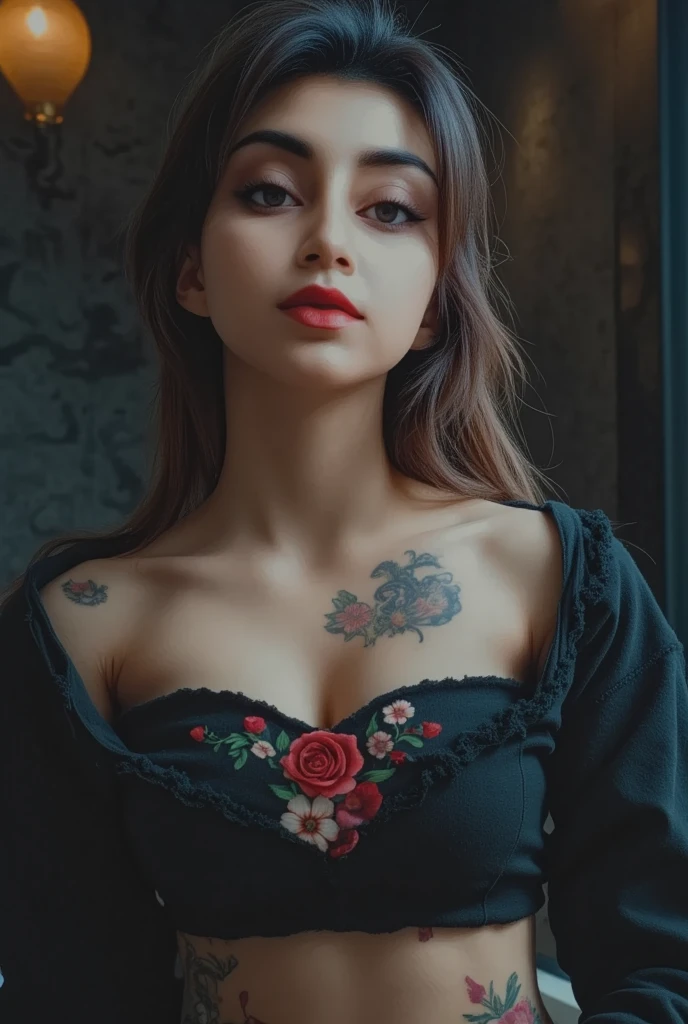 lingerie arafed woman with a rose tattoo on her chest and chest, with tattoos, inked, 2 4 year old female model, beautiful detailed body and face, tattooed, extremely detailed goddess shot, violet myers, body covered in floral tattoos, tattooed body, bella poarch, upper body close up, portrait sophie mudd, tattoos, beautiful upper body, lacey ((More Detail, enhance_all, fix_everything)), Enhance