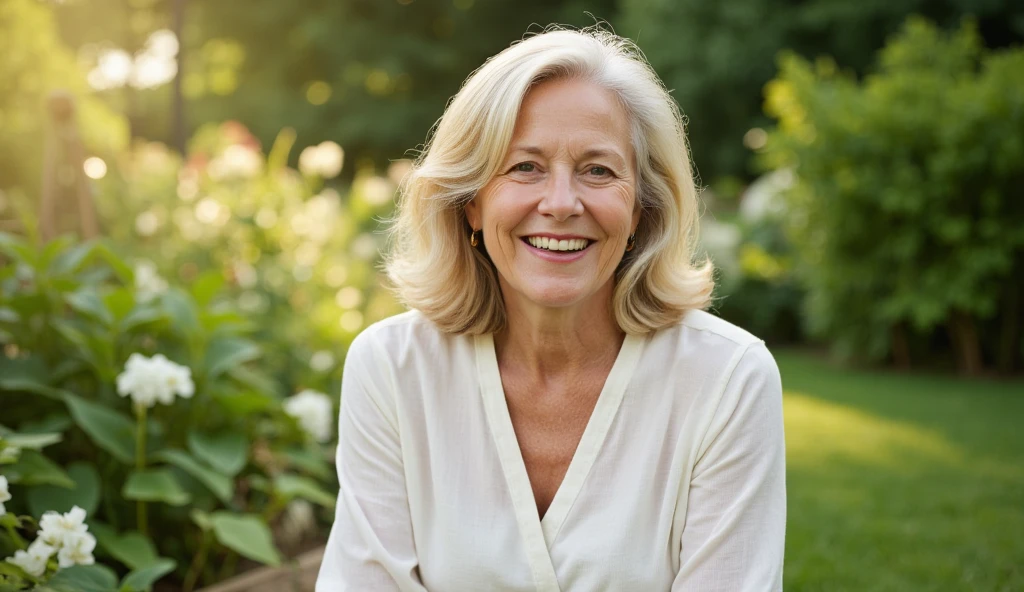 A realistic, photorealistic image of Felicidad, (an 80-year-old Finnish woman), (((white blonde and medium length hair))), smiling and seducing, ((taking a portrait outside a grass field in Switzerland)), (((round face))), (medium straight hair), ((wearing printed black dress)), ((visible breastbones)), (((slim))), ((thin hairline)), (((deep chest bones)))