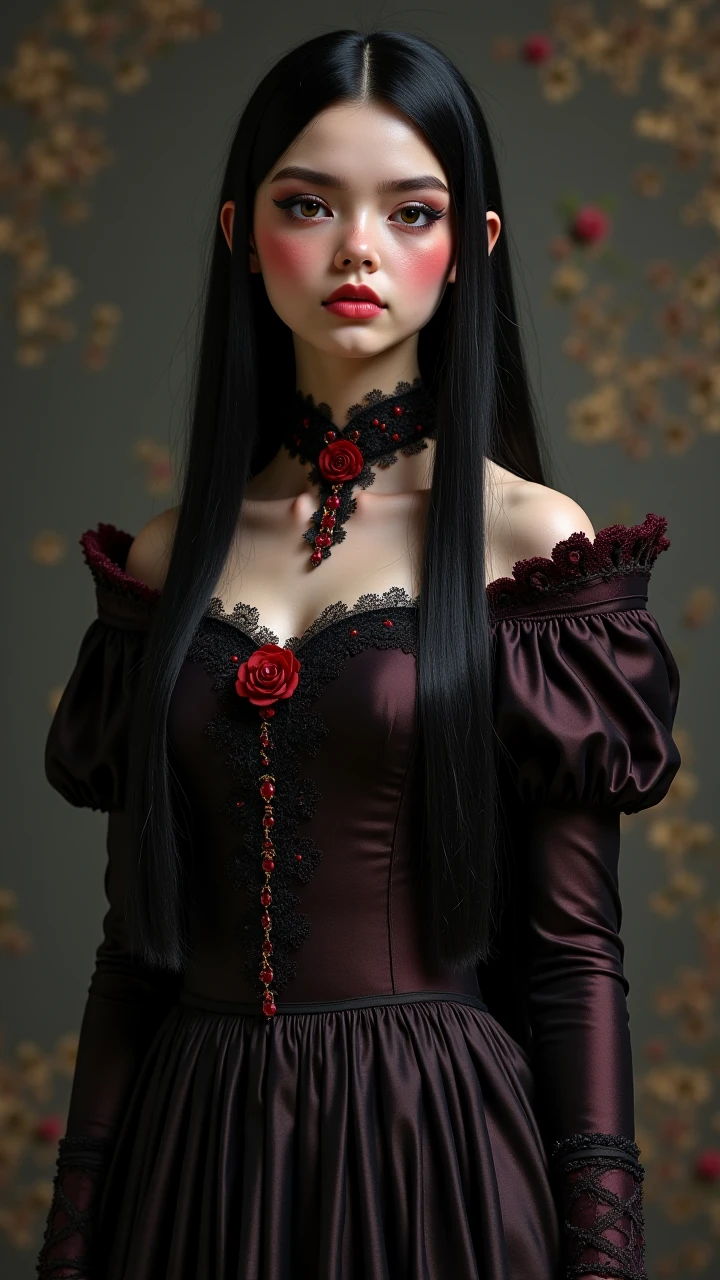 terrifying, Mysterious extraterrestrial lifeform, Fair Skin, Brunette with a high ponytail and sleek straight hair, red stain lipstick, tattered Victorian dress, cameo brooch, and black lace gloves, with a flower field in the background, <lora:epiNoiseoffset_v2Pynoise:2>