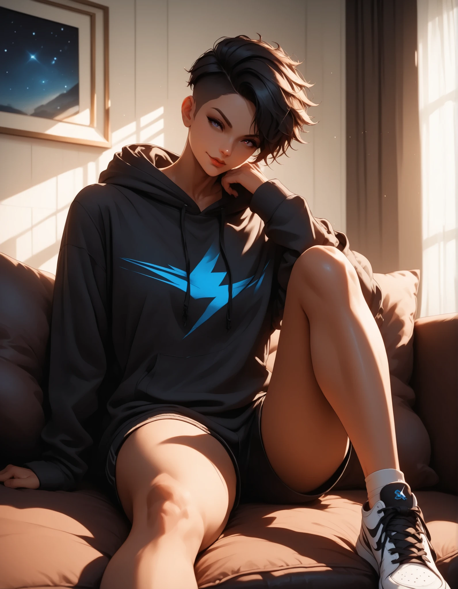 (masterpiece:1.2), (best quality:1.2), (1man), ultra detailed, 8k, watercolor, cinematic lighting, volumetric_lighting, rim light, soft shadows, ((forced_perspective)), (Diminishing scale perspective:1.3), late afternoon in an urban-style living room, warm low-angle sunlight cutting through blinds, exposed brick wall behind a leather couch, sneakers kicked off by the door, (fit mixed-race man:1.2), buzzcut, lounging deep into the cushions in dark hoodie and grey joggers, arm draped over the backrest, one leg propped, the other stretched, lazy grin on his face, head tilted just enough to show he's sizing you up, dark eyes amused, self-assured body language, effortless swagger, casual dominance in domestic space, energy thick with lowkey charm and heat, (lora:Yandere Queen:0.85), (lora:Detail Tweaker XL:0.65), (lora:Fantasy Western Anime:0.45), (lora:Dark Realism (Anime):1.0), (lora:Dramatic Chiaroscuro:1.0), (lora:Vampire Hunter D Bloodlust Style [Pony XL]:0.3)
