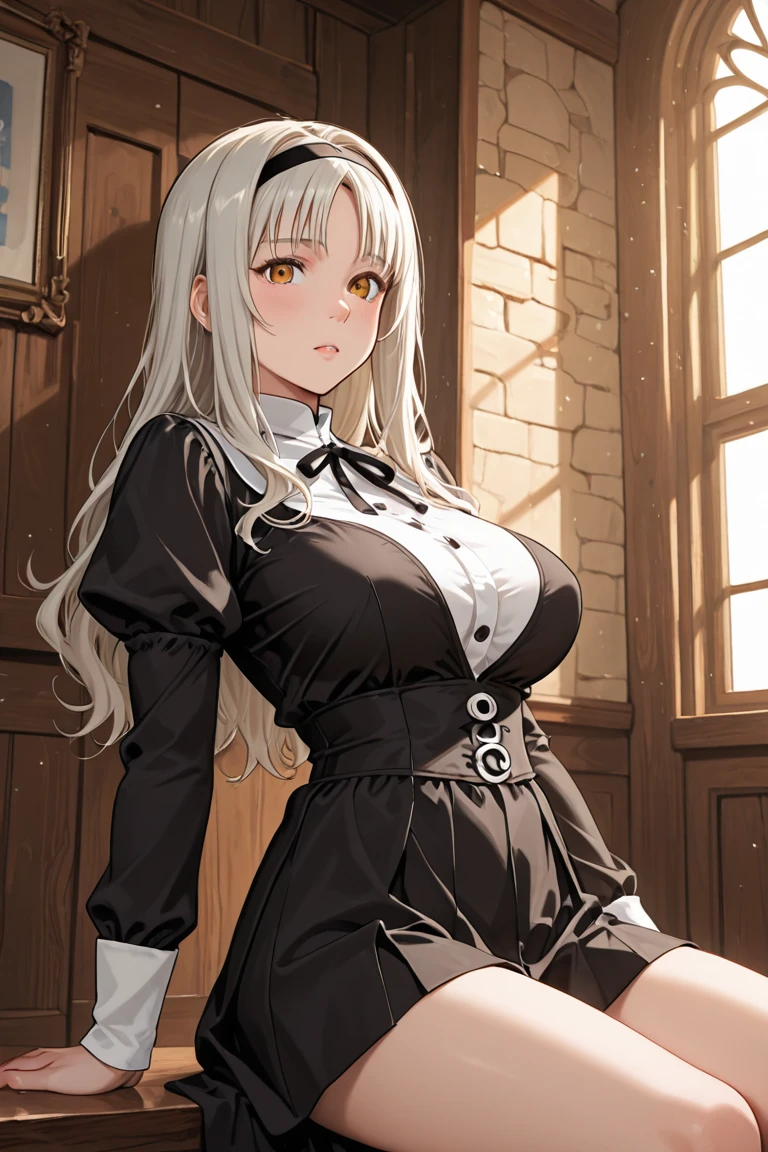 A young silver haired female witch with green eyes and an hourglass figure in a conservative Victorian dress is holding a skull in the classroom