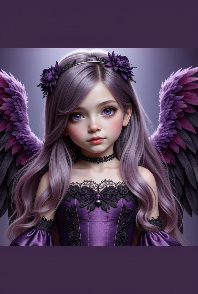 blonde girl with long hair OF purple STRANDS and wings, girl with angel wings, girl with feathers, of a beautiful angel girl, angel girl, angel girl, cute portrait angel girl, purple leather wings, purple feathers, angel face, young harpy-girl, an angel, feather wings, wearing angel, angelic photography, feathered wings, fallen angel