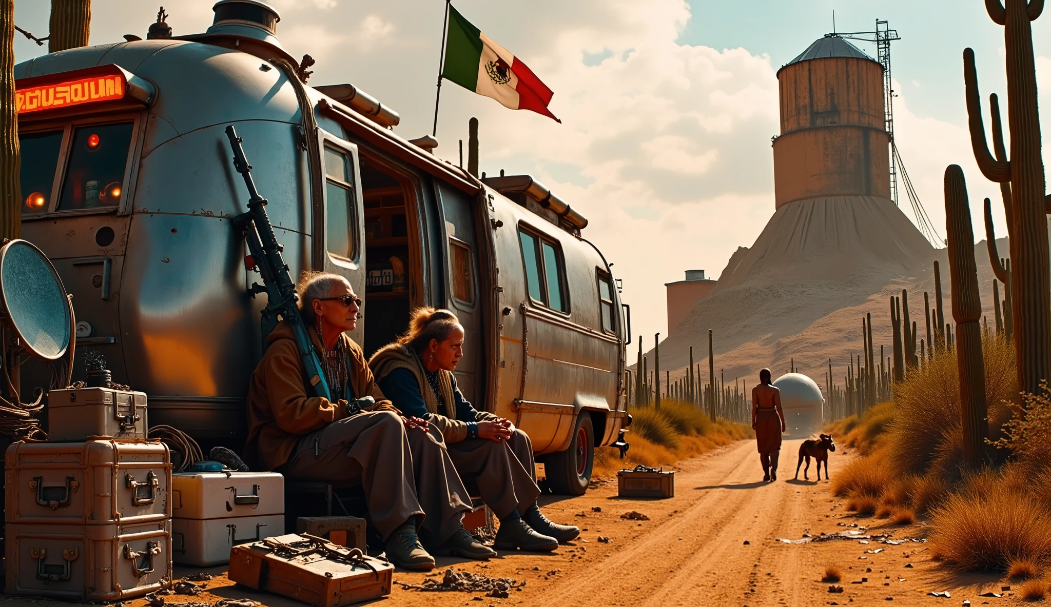 among a very dense cacti forest. a large mexican flag casting shadows overthe scene, under a red, white and green fabric shelter, a close up portrait of two old navajos grandmothers in traditional navajo clothes. they are sitting in front of their old rusty airstream trailer. One grandmother is holding a cyberpunk shotgun on her shoulder, the other grandmotehr is smoking the pipe, pile of batteries, wires, electrical solar panels, satelit dish, ammo crates, barels, junkyard. sourrounded by a dense forest of very large cacti, dense cacti forest. white dust, giant cybernetic cactus forest, crossroad, sunset light, dark sky, hard elongated shadows, an old derelict concrete silo looming towering over the trailer, a bony mexican dog lurking on the side of the road, hyperrealistic photography, intricated details, very detailed close up portrait, low angle, side view, amazing perspective, tilted view