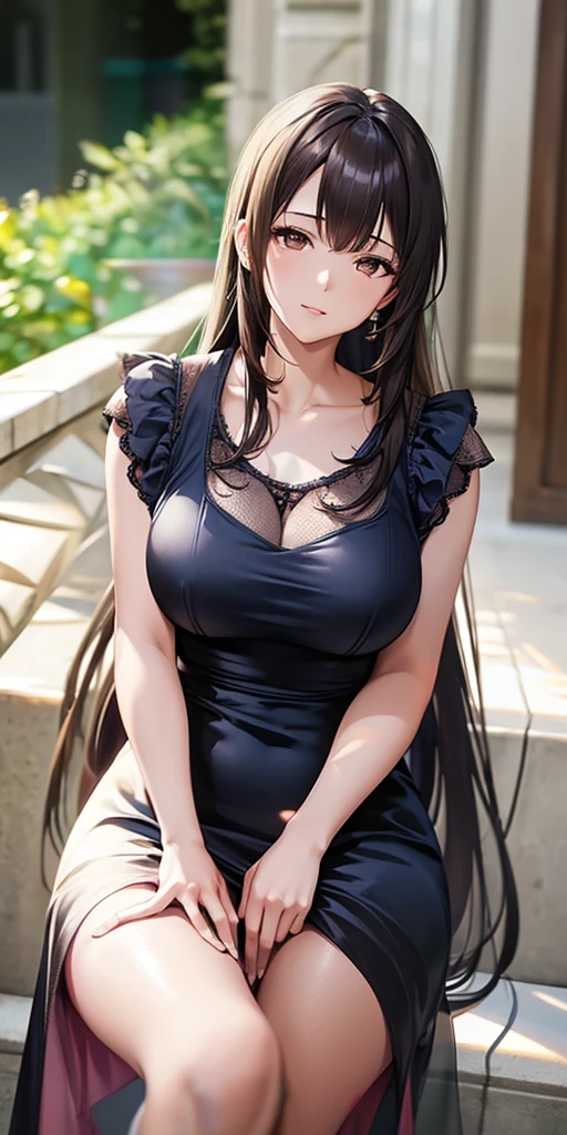 Mature woman, perfect eyes, long black hair, messy hair, blue eyes,  medium breasts, dark blue dress, black jacket, sexy woman, clevage, red lips, cute pose, in the garden, cute smile, wind blowing, beautiful.