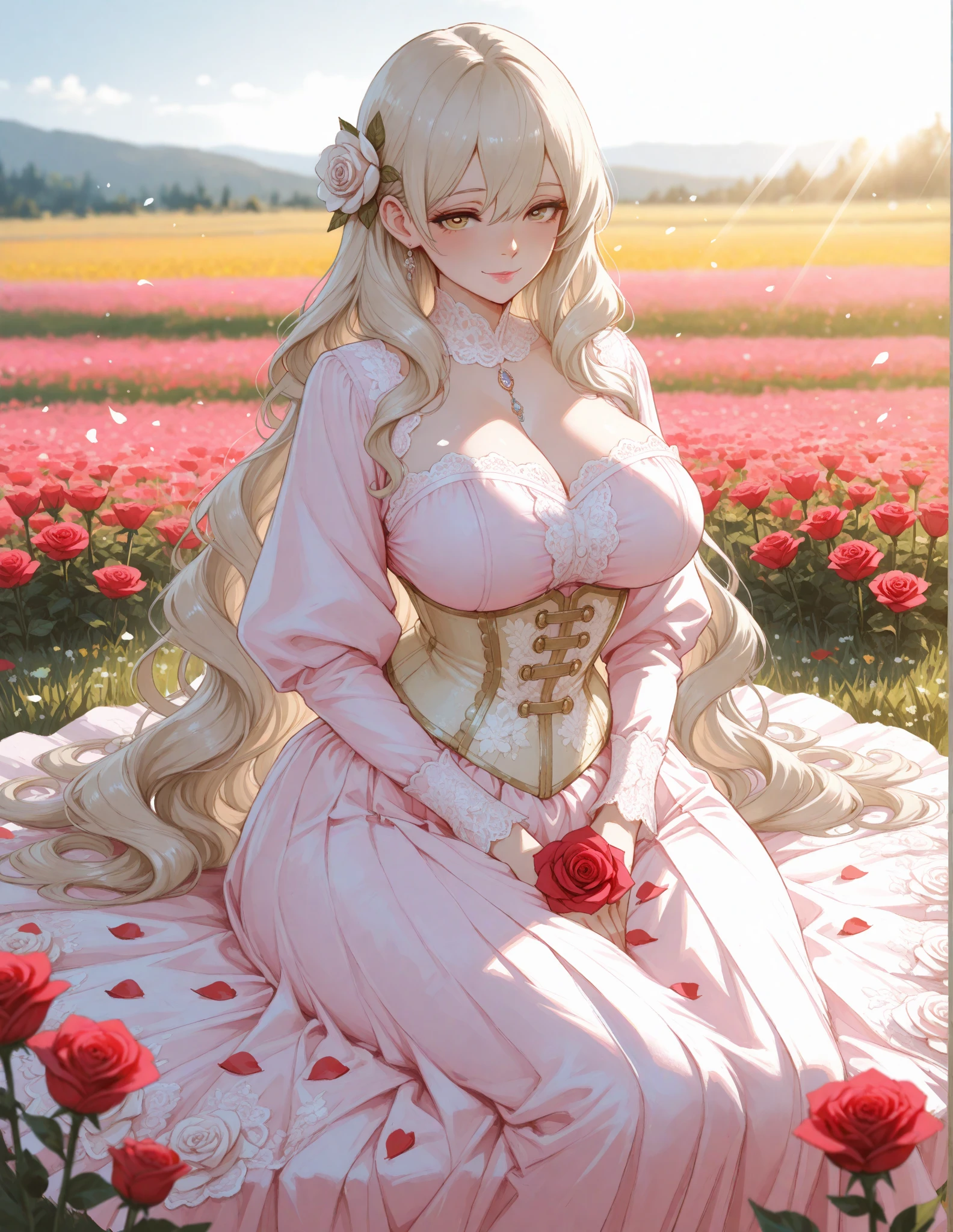 ((Moe anime art style:1.2)), (((masterpiece))), (((best quality))), ((ultra detailed)), (illustration), ((an extremely delicate and beautiful)), ((super detailed skin)), (((8K))), BREAK (((solo girl, A young-looking princess))), (18 years old), ((full body)), (sit astride, straddling), BREAK (((Shiny dark red taffeta fabric))), ((Dense lace, Long train, Lots of frills)), (((Full-length crinoline hoop skirt, Beautiful and luxurious Marie Antoinette English gown))), BREAK (((huge breasts))), ((breast focus, cleavage cutout)), Sweat on the chest, BREAK (((Super delicate and beautiful face))), ((Beautiful Lips, Delicate beautiful eyes)), ((embarrassed)), BREAK bangs, (((Pink Hair, Fluffy ponytail, Curly Hair, Expressive hair, very voluminous long hair))), Beautiful silver and jeweled hair ornaments, BREAK (((nature))), (in forest), ((so many colorful flowers)), ((Flowing petals)), Particles of light pouring down, (light sparkles:1.5), (light leaks:1.5), (depth of field:1.5),((magnificent panorama view:1.5)),