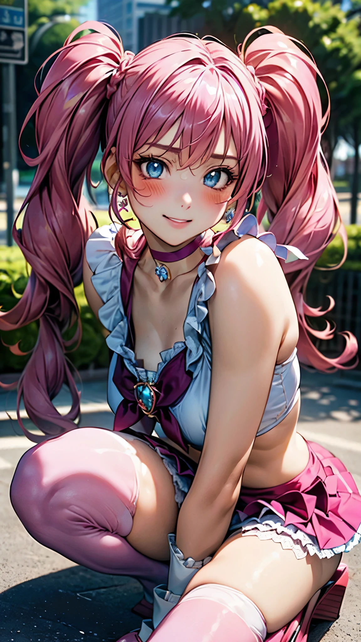 princess robot bubblegum, pink hair, hair bow, huge breasts, pink micro bikini, midriff,  thighhighs, gloves, looking at viewer, smiling, 
sitting, wariza, on grass, from_above, field, flowers, blue sky, small hill, extreme detail,masterpiece,  <lora:princess_robot_bubblegum:.8>