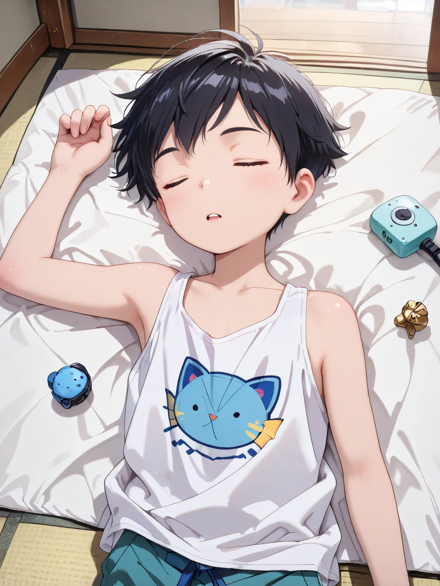 (Masterpiece: 1.2), (High quality, High resolution, 8k), Anime style, Super detailed, Extremely detailed, Extremely realistic, Perfect lighting, Perfect hands, Perfect anatomy,
Break, (From above: 1.2), (Body break), (()), Young boy, One cute boy, Alone, (Otokonoko: 1.3), Cute, Anime eyes, (Closed eyes: 1.2),
Break, (Very short hair: 1.2), Black hair, (Boyish hair: 1.2), Half open mouth, (Flat chest), Small stature, ( figure), (Lying down, Lying on back: 1.2), (Sleeping: 1.2), (Detailed and beautiful body: 1.2), ((Oversized white tank top)),
Break, (Summer afternoon), Slightly dark room interior, (Room with garden view outside), Clean Japanese room interior, Tatami floor, (Cowboy shot), Detailed background, Perfect lighting, (detailed light, detailed shading),