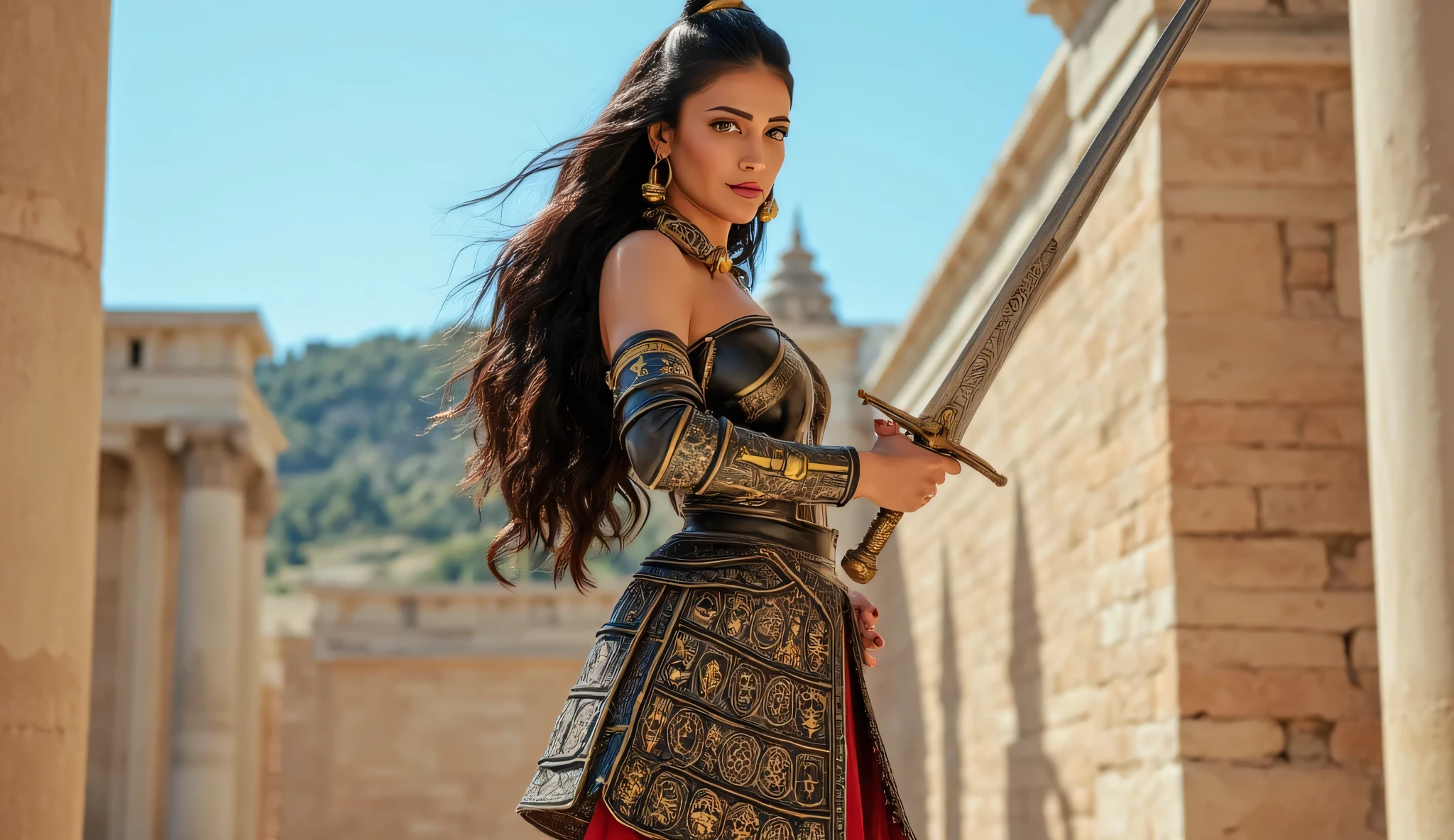 A young woman Warrior, sword, long hair, Greek background.