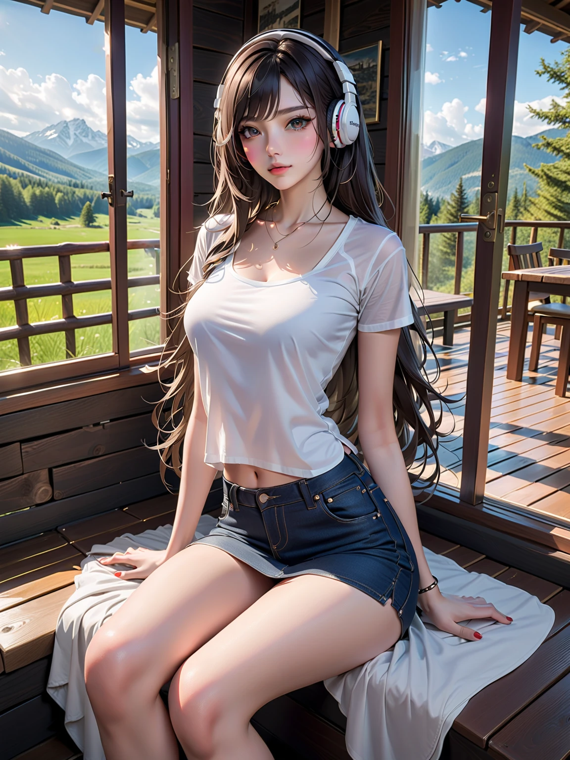 ((Extremely exposed))(High-definition image quality)極Realistic skin texture、High definition face(brown、Very long straight hair、Hair behind the ear、Beautiful moist brown hair、Smooth Hair)((Bright smile))、Gaze(sexyな25歳の女の子、Idol Makeup、Eyeliner)(Fair skin)(Sparkling eyes)Smooth Skin、Realistic skin texture ((Oversized T-shirt、Short length、Cleavage) ((Very short denim shorts、damage、Super tight、small、Ultra low rise、Panty lines))))A well-proportioned and perfect body、Beautiful armpits、On the position of the chest、Round big breasts、Beautiful valley、Ultra-thin waist、Waistline、Long legs、Glitter High Heels((((on the train、Holding a strap))))(((((Medium full shot from below、sexy))))))Erotic and bold poses、