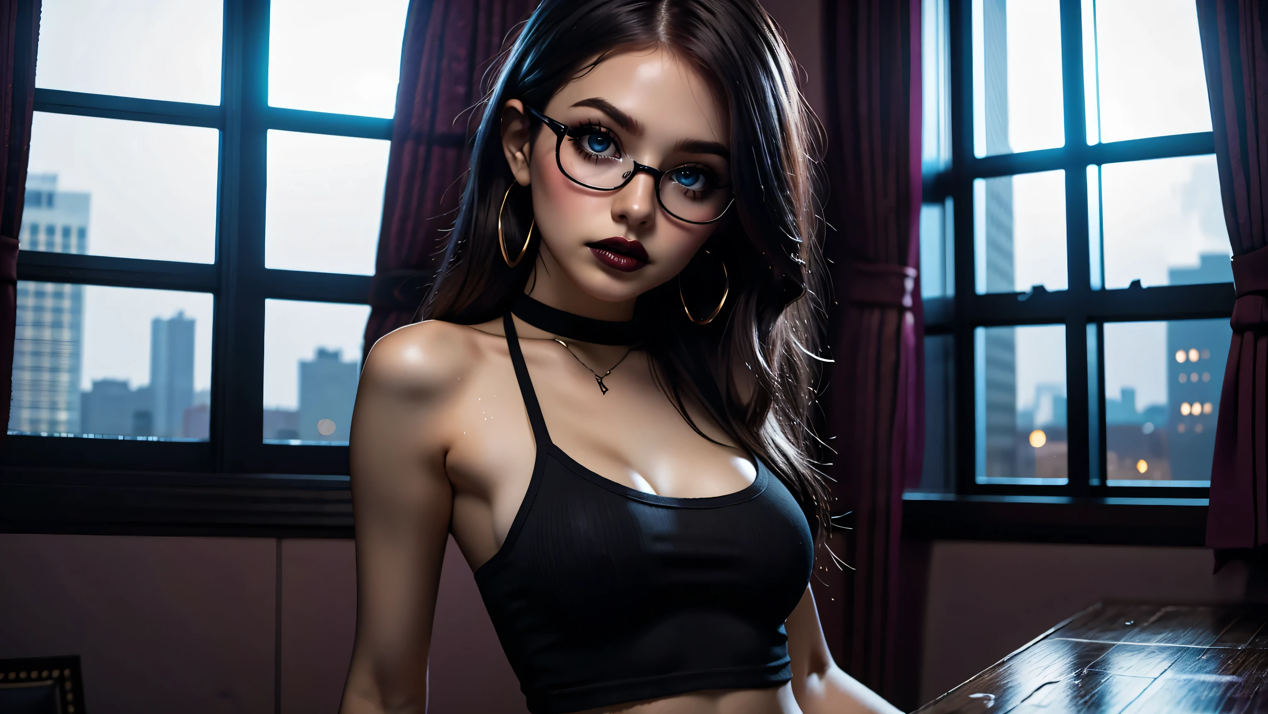 1girl, solo, (skinny body : 1.2), 18 year old, young, (standing in front of a large window in a penthouse with a beautiful night view of the city lights below), dimly lit, room, romantic lighting, (medium breasts), round breasts, very sexy, flat abs, long hair with bangs, wearing glasses, crop top, ((underboob)), hard nipples, shiny lips, wet lips, Beautiful eyes, large eyes, full body portrait, bokeh, vibrant colors,