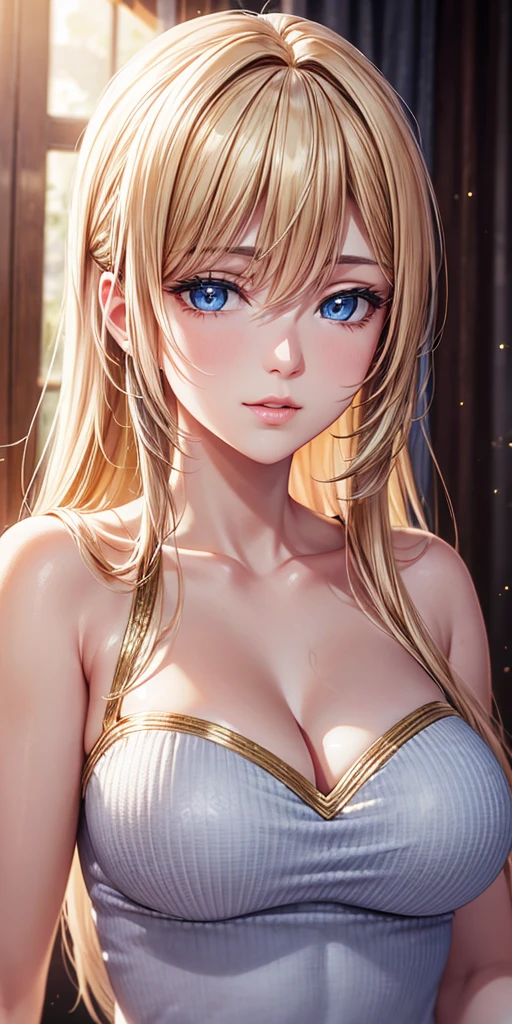 portrait, realistic, elegant mature woman, blue eyes, blonde hair, 4k resolution cg, beautiful cg, soft light