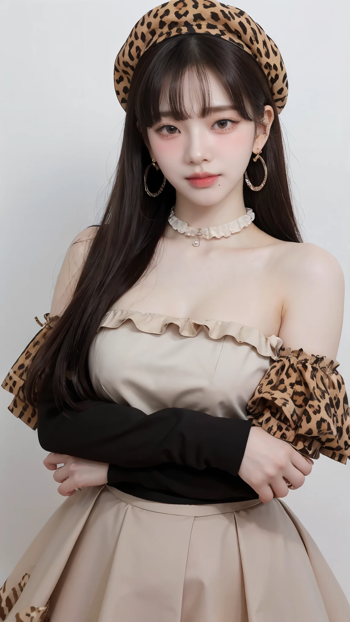 mayuzumi fuyuko, 1girl, solo, black hair, hat, jewelry, long hair, looking at viewer, bangs, earrings, skirt, white background, smile, shirt, simple background, heart earrings, long sleeves, heart, black headwear, black shirt, frilled choker, breasts, brown eyes, choker, blunt bangs, upper body, beret, medium breasts, brown skirt, frills, nail polish, ribbon, red nails, closed mouth, animal print, blush, frilled sleeves, leopard print, neck ribbon, own hands together