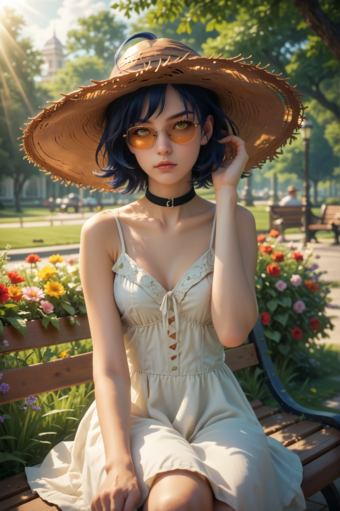 score_9, score_8_up, score_7_up, masterpiece, best quality, absurdres, highres, solo, mz, ahoge, short hair, blue hair, yellow eyes, sunglasses, sundress, black choker, hands under head, straw hat, bench, sun rays, flowers, outdoors, park bench, hand up, scenery, detailed background, lying on bench
