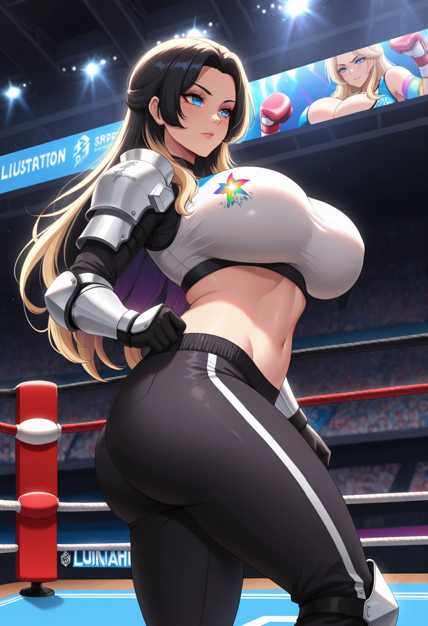 ((masterpiece, best quality:1.4,extremely detailed, detail face, detail eyes, anime)),illustration, 8k, hd, 1female, tall lady, solo, mature female, navel, black hair, blue eyes, white armour, shoulder armour, hand armour, leg armour, black trousers, hip armour, long blond hair, professional lighting,boxing ring, colourful details, rainbow colors BREAK factory super long shot, in futuristic stadium, luminescence, intricate details, shitu-mecha, (big ass, big breast)