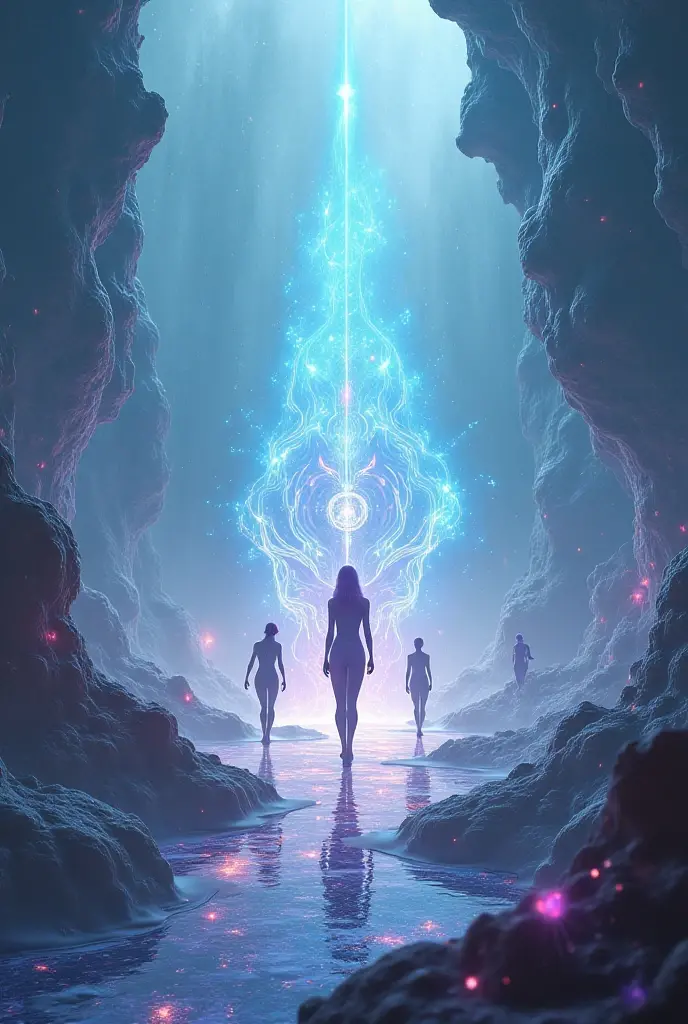 Men made of light walking in defile on a Road, Background heavenly, write with light "Walking Lights" at the bottom 

