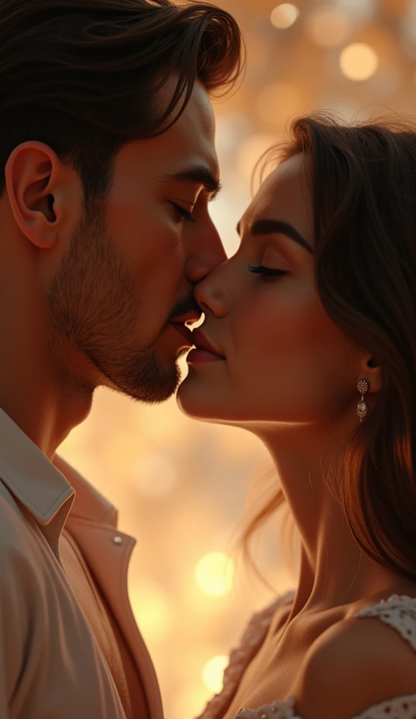 Two silhouettes of faces, A Man and a Woman, They lean forward in a moment of intimacy, almost touching his lips in a kiss. His eyes are closed, enjoying the moment. A delicate butterfly gently lands on the tip of the woman&#39;s nose, adding a magical and ethereal touch to the scene. The soft light of the evening bathes their faces, creating a warm and romantic atmosphere.