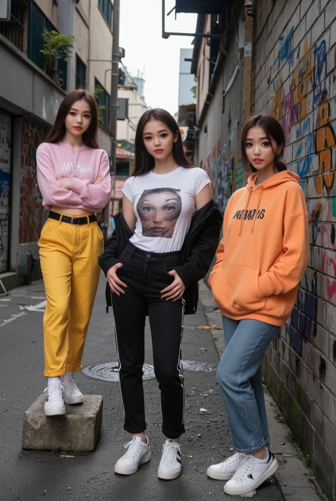 3heads, three headed girl, (a 13 year old girl:1.5), (a 10 year old girl:1.5), (a 40 year old woman:1.5)