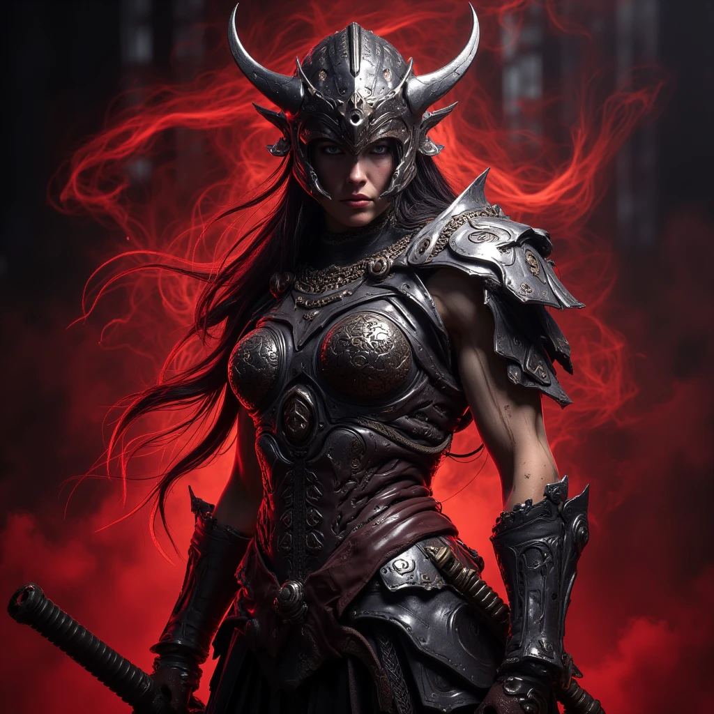 photograph of a dark-haired woman with curls tousled by the wind, intertwined hair, (Battlefield, war, blood, medieval battle, medieval warfield, earth, dust, dust in the wind, stained with blood, face stained with blood, armor stained with blood), deep neckline, full skirt flying in the wind, like a flame against the twilight sky., radiating unrestrained beauty, small breasts, ( Wearing black metallic war armor with red line details and black metallic scales, female war armor is, Armor with torn black cape, cape, helmet, helmet on the head), a big smile on her face. 1 solo, Style: portrait, blurred background f1.2, full HD resolution, 8k, Dark vignette at the edges, cinematic effect with soft shadows and light and shadow curve at -10, best quality, professional realistic, detailed eye, double eyelid, brighten skin, real hair, realistic skin texture, Masterpiece texture, realistic clothing texture, perfect face and body, Never show hands, hidden hands, blurred hands. 