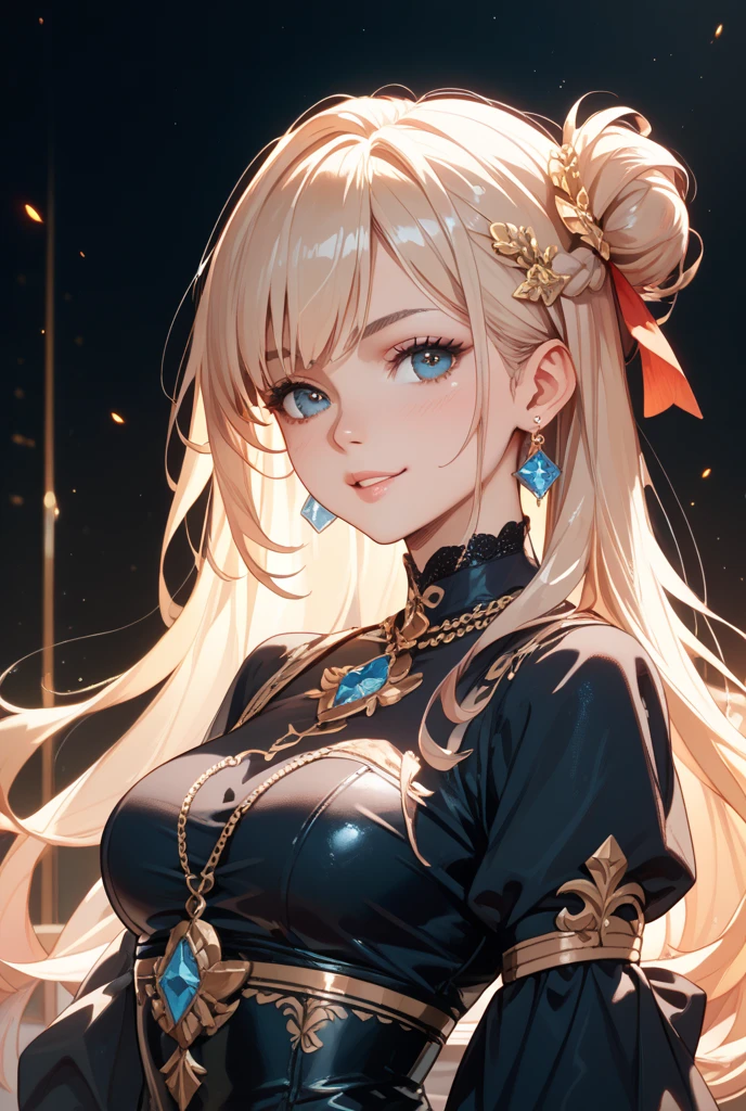 a gorgeous anime woman with long blonde hair, long eyelashes and gold jewelry, 1girl, , solo, jewelry, cleavage, blue eyes, earrings, blonde hair, looking at viewer, white background, simple background, long hair, twintails, upper body , (best quality, masterpiece, ultra-detailed, illustration),(8K wallpaper),(beautiful detailed eyes), beautiful, amazing, detailed eyes, (detailed skin)