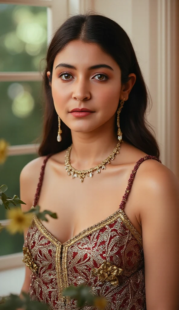 Day scene, extreme close up photo of a sexy Indian queen, posing in a palace, super stylish red dress with wide open breasts, swooping breasts, perfect figure, accessories, earrings, necklace, erotic face, 36 yo, ponytail, look at viewer and smile, (cinematic:1.3), intricate details, (ArtStation:1.2)
