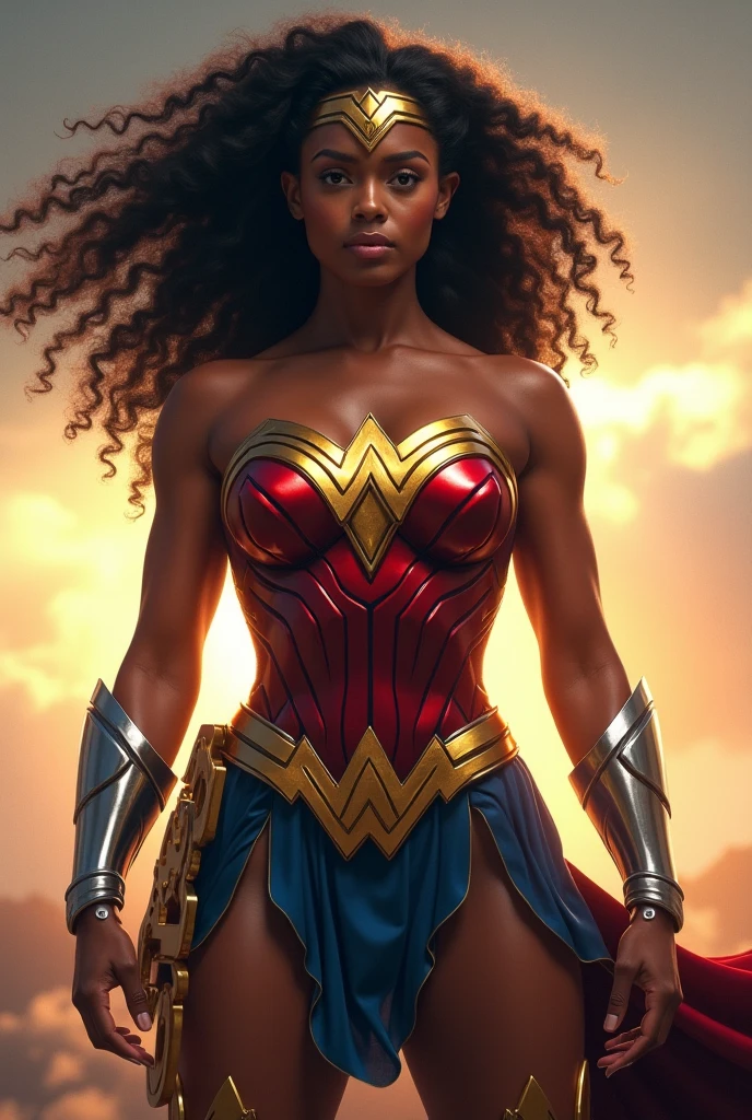 A beautiful black-skinned woman with black hair Afro Dreadlocks under the cloak of the Amazon warrior Wonder Woman in leather and red corset and light blue pants with stars on leather long red boots up to the knees Diaema Wonder Woman on her forehead