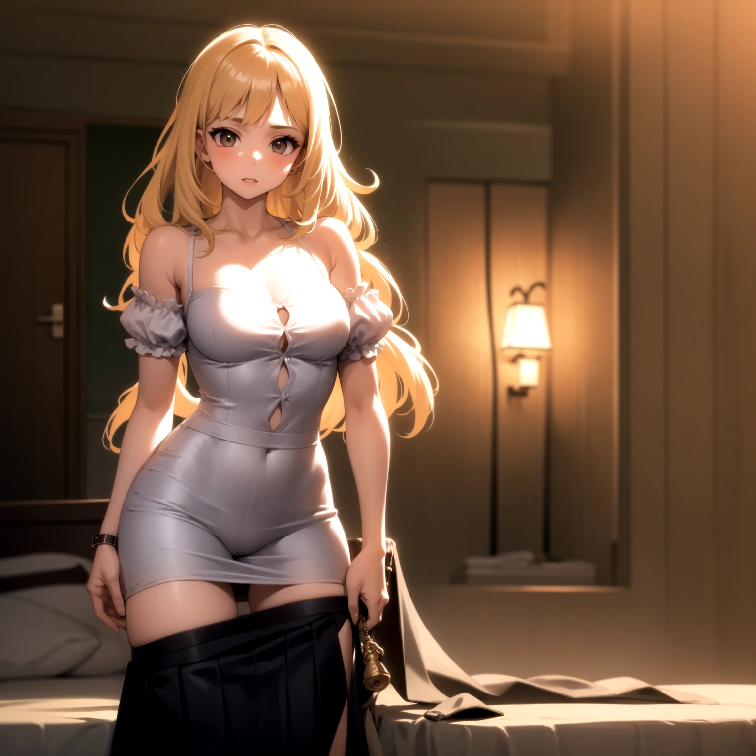 high image, super detail, high resolution, anime, manga, illustration, super intelligent beauty, amorous expression, embarrassed look, seductive look, laugh like a prankster, happy, shy, messy medium short light brown hair, sparkling blue eyes, pink lips, huge breasts, under boob, great proportion, perfect proportion, slender, full body, flared mini skirt, roll up the skirt