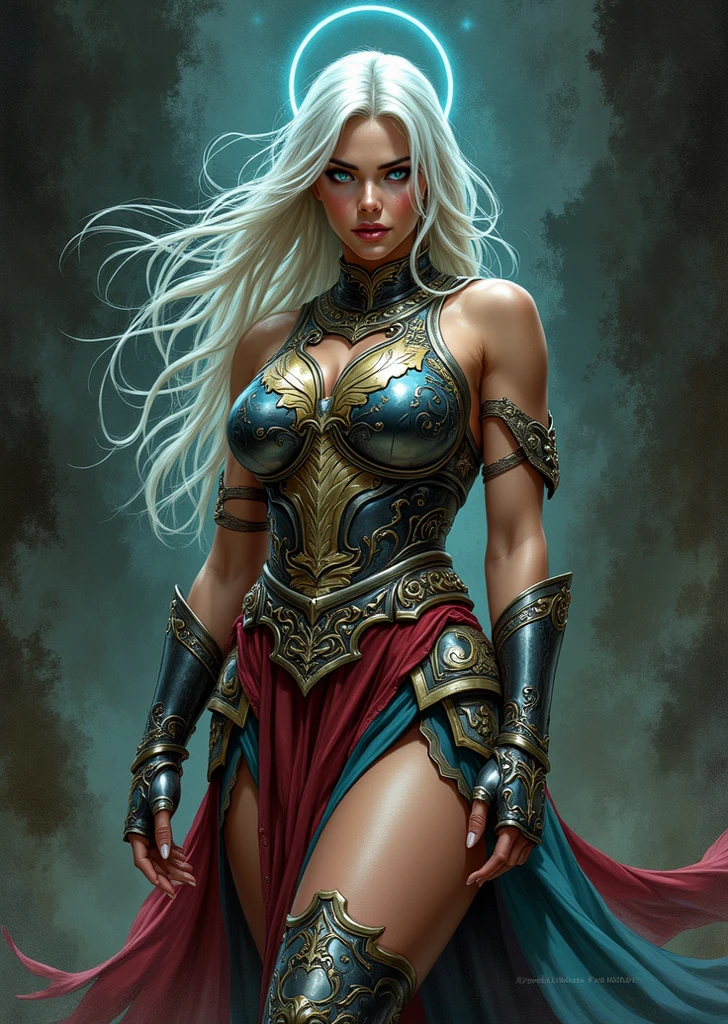extremely muscular blonde elf woman, white warrior empress uniform [the outfit shows her excellent physique]; has a long and extremely extravagant red cape that only reaches the shoulder pads; shaved punk undercut haircut, on the left side of the hair there is a dragon design, has a crown-shaped horn that starts behind the head at the nape of the neck, she is laughing like a villain and her teeth are clenched dragon fangs; her lizard-like collar is her fire-colored eyes; she has claws instead of nails; tribal Maori tattoos up to the forearm. the scene behind the character is completely destroyed, it is a ruin of a medieval city. 2.5D drawing art. size 1920x1080 4k