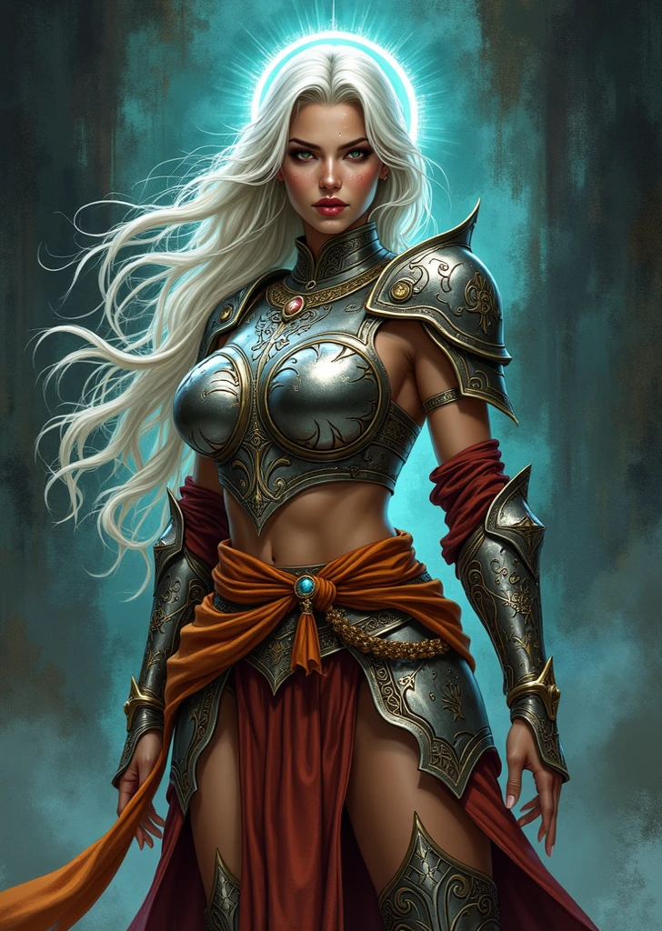World of Warcraft Game Theme Image of a 32 year old White haired Elf Paladin standing holding her favorite sword,Huge Enormous Breasts,Perfect Gigantic Breasts, Wide hips ,narrow waist, bright green eyes, She wore a shining golden bikini armor , dramatic tones. A masterpiece with the highest resolution. , Surrealist image type, frank frazzeta and Azpiri and simon bisley styles,