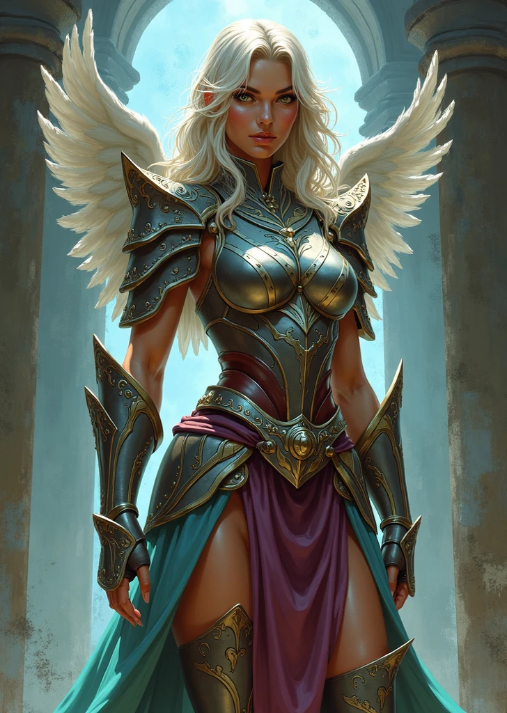 score_9, score_8_up, score_7_up, score_6_up, Vandria, mature female, solo, elf, long hair, white hair, braided hair, ponytail, light blue eyes, freckles, angel wings, steel-gray wings, shoulder armor, headpiece, in full armor, medieval, dungeons and dragons, semi realistic, looking at viewer, cowboy shot, full body,