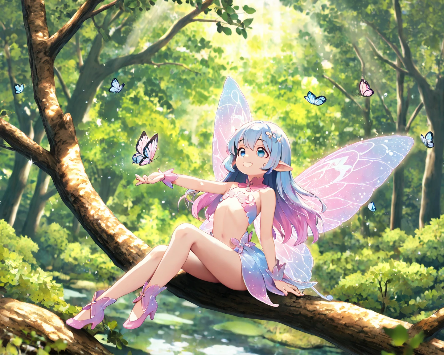( Absurd, High quality, ultra-detailed, masterpiece, concept art, smooth, highly detailed artwork, hyper-realistic painting ) , tiny little girl, Strawberries, cute, whole body, Romantic, Vivid, dreamy, fantasy, fairy wings, in the forest, enchanting glow, very detailed art, reveal clothes, sexy lace underwear,  transrarrent clothnes, perky niples,  deep eyes, ponytail, big ponytail bow, playful, mischievous, smile, in palace, noble fairy