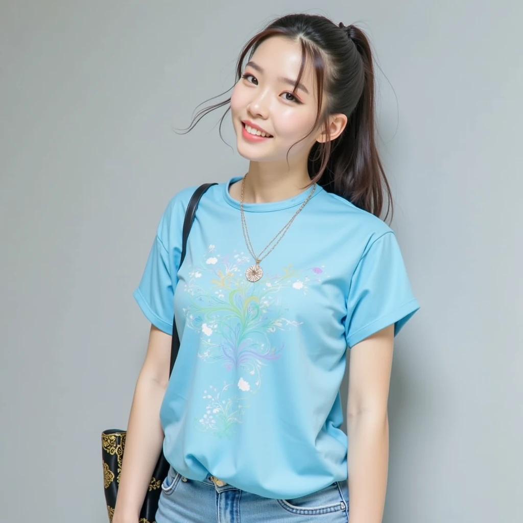 master piece,8k,(master piece,photorealistic:1.5),(master piece,ultra high resolution:1.5),(master piece,best quality,ultra detailed:1.5),
beautiful girl,full body,10's,light smile,t-shirt,