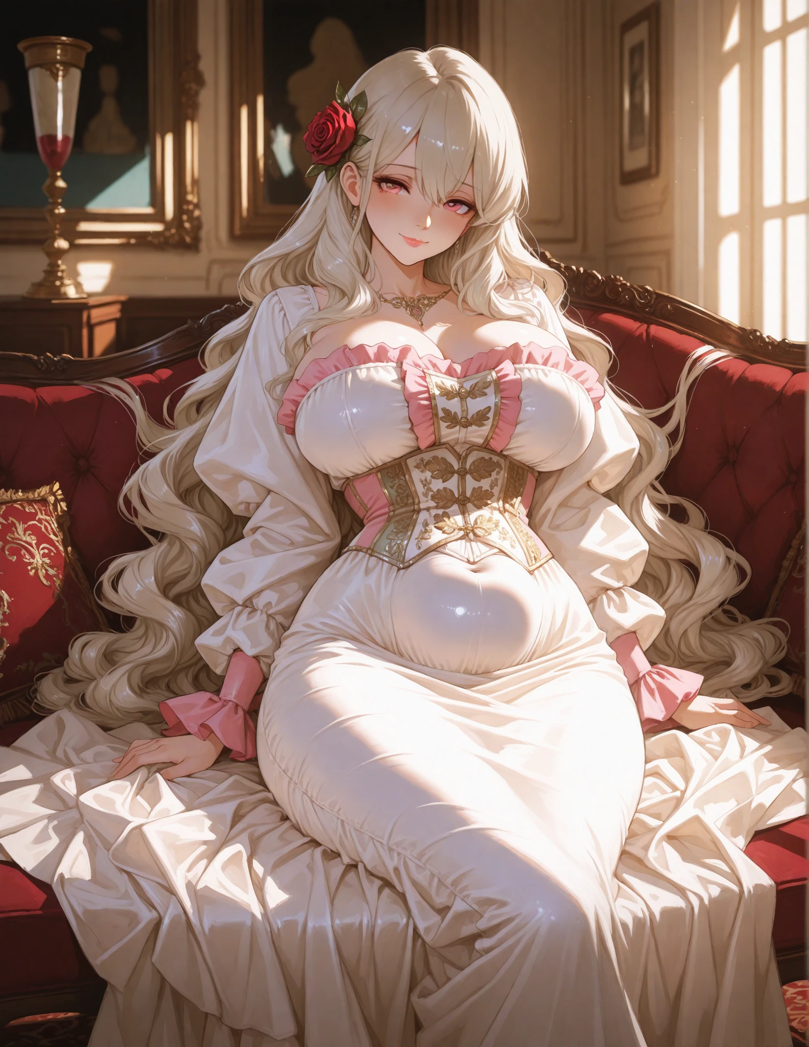 ultra-detailed, extremely detailed,((anime artstyle)),Masterpiece,(Best Quality),(Super Detail),(Very Delicate and Beautiful),((Solo)),((full body)),full body,((detailed face and eyes)),perfect eyes, rendered eyes,jewel-like beautiful eyes,((embarrassed,blush)),((1 pregnant princess in beautiful embroidery and jeweled gorgeous rococo ballgown with voluminous full length hoop skirt)),(((heavily pregnant))),((Crinoline,luxurious ruffles)),beautiful embroidery and jeweled gorgeous rococo ballgown with voluminous full length hoop skirt,(large amount of straight hair,extremely voluminous Very Long straight Hair,Absolutely Long Straight Hair),(((very gigantic boobs))),skindentation,Bursting breasts,cleavage,(fantasy castle,luxury palace),long_gloves,extremely gorgeousfull jeweled hair ornament,(bling-bling extremely gorgeousfull jeweled tiara),(luxurious jewelry),full body,beautiful embroidery and jeweled gorgeous rococo princess ballgown with voluminous full length hoop skirt