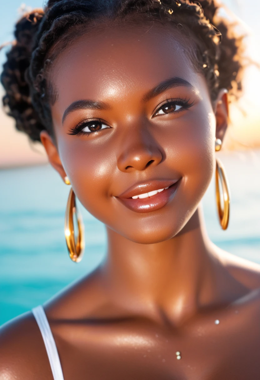 ((Dark African skin, Very deep ebony skin)), ((Its beauty is undeniable)), ((Excited cute face)), ((Hyper detailed perfect eyeploring pose)), ((Language output)), ((mini bikini)), ((Afro ponytail with long African curly hair)), ((full body)), ((skin)), ((view from behind, full body)), ((touching her face in a sexy pose)), ((beach, Lamu, kenya)), Sharp Focus CGI, photorealistic, High detail, Realistic, Masterpiece, absurd, Best quality, Hdr, High quality, high-definition, Extremely detailed, 8k wallpaper, Intricate details, 8K UHD, Full-HD, (photo realist:1.2), contrast, intense illumination, lighting cinematic, natural lighting, morning light, winter, Illumination globale, Laughing out loud, African women, Female sexy, The Hague