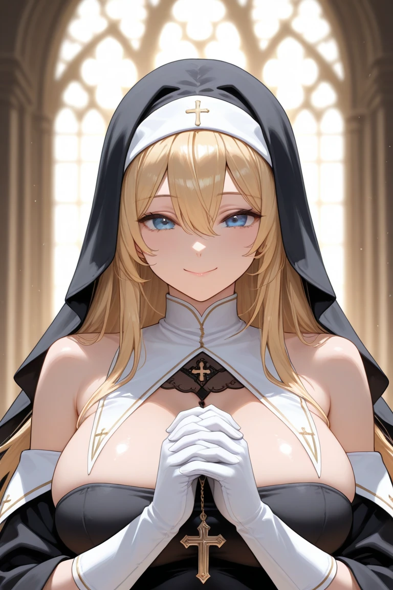 (High quality, High resolution, Fine details), Realistic, Nun, (Blood on clothes:1.3), sacred rituals, medieval background, grand architecture, majestic stained glass windows, solo, curvy women, blond hair, sparkling eyes, (Detailed eyes:1.2), grin, blush, Sweat, Oily skin, shallow depth of field, mystical aura, soft lighting, natural lighting