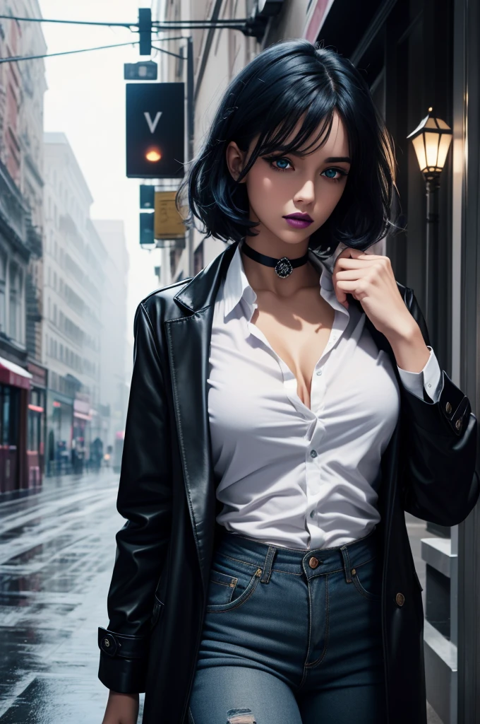 ( Ann Voskamp: 1.2), 1girl, Perfect female body,(Smooth, delicate and reflective skin), breasts, solo, (cleavage),  large breasts, blue eyes, bare shoulders, parted lips,( closed mouth:1.3), 
( dark makeup:1.1),( black eyeshadow:1.2),  ( short hair, center part), ( bob cut), no bangs, dark hair, (angled cut bob, chin length hair :1.2),
(sheath dress:1.2), (Camel coat:1.2), (clothing cutout:0.8),  modest clothing, tight brown pants, (beautiful face),(upturned small chest:1.1),bust line,
Fashion accessories, (looking at viewer:1.3),[light smile|blush], spectacle, detailed background,(street style wear:1.2), (various angles:1.2), (head shot:1.4),

astonishment, soft skin, d&d, trending on artstation, intricate details, highly detailed, pencil drawing, sketching, unreal engine, greg rutkowski, oil painting, heavy strokes, paint dripping,dreamlikeart,
(masterpiece:1.5),( best quality:1.5),( highest quality:1.5), cinematic lighting, (volumetric lighting), extremely detailed CG unity 8k wallpaper, ultra realistic, photorealistic, sharp focus,  (HDR:1.2), (high contrast), (detailed and intricate:1.5), instagram, portrait, highly detailed, digital painting, artstation, concept art, smooth, illustration, vibrant,